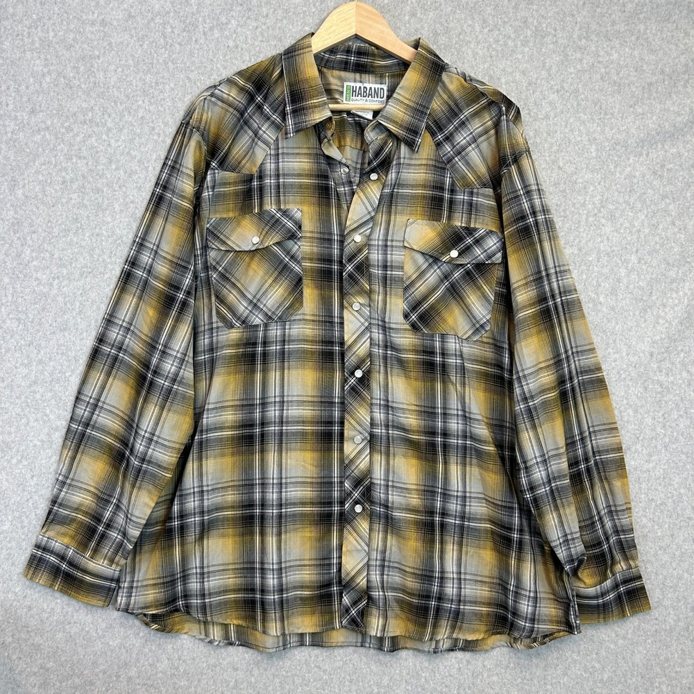 Haband Western Pearl Snap Shirt Yellow Black Plaid Long Sleeve Outdoor Mens XL
